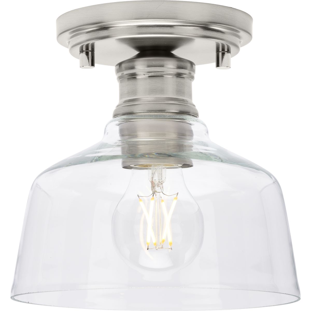 PROGRESS LIGHTING P350226-009 Brushed Nickel Singleton Collection One-Light 7.62" Brushed Nickel Farmhouse Small Semi-Flush Mount Light with Clear Glass Shade