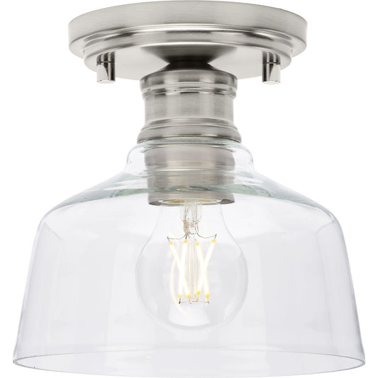 PROGRESS LIGHTING P350226-009 Brushed Nickel Singleton Collection One-Light 7.62" Brushed Nickel Farmhouse Small Semi-Flush Mount Light with Clear Glass Shade