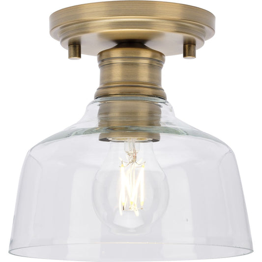 PROGRESS LIGHTING P350226-163 Vintage Brass Singleton Collection One-Light 7.62" Vintage Brass Farmhouse Small Semi-Flush Mount Light with Clear Glass Shade