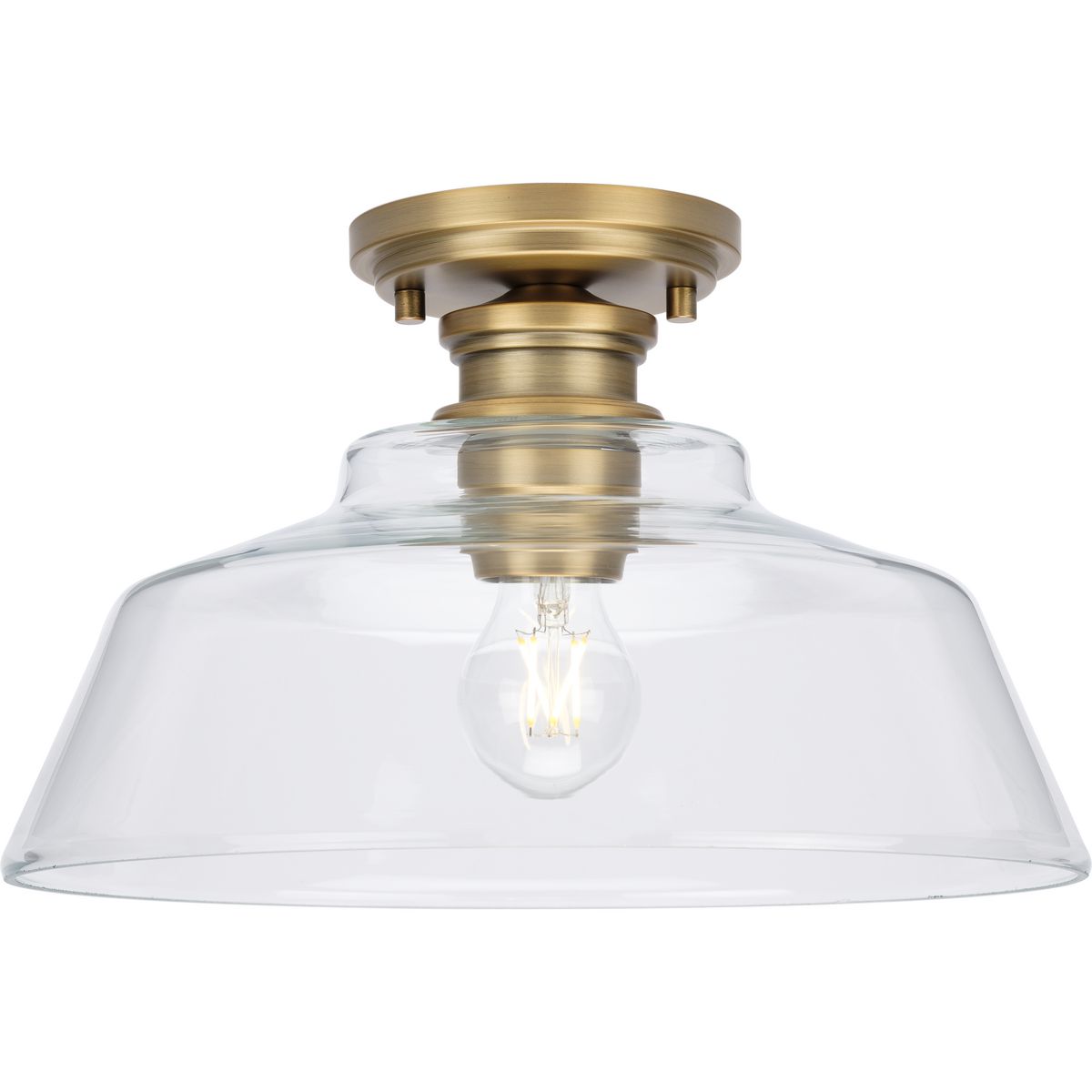 PROGRESS LIGHTING P350227-163 Vintage Brass Singleton Collection One-Light 14" Vintage Brass Farmhouse Medium Semi-Flush Mount Light with Clear Glass Shade