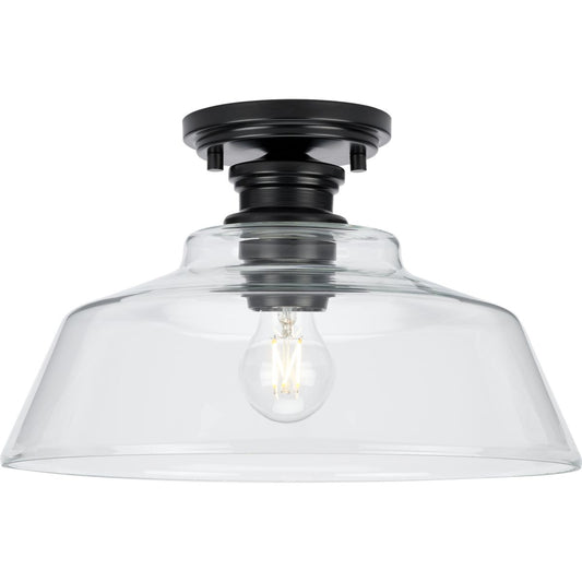 PROGRESS LIGHTING P350227-31M Matte Black Singleton Collection One-Light 14" Matte Black Farmhouse Medium Semi-Flush Mount Light with Clear Glass Shade
