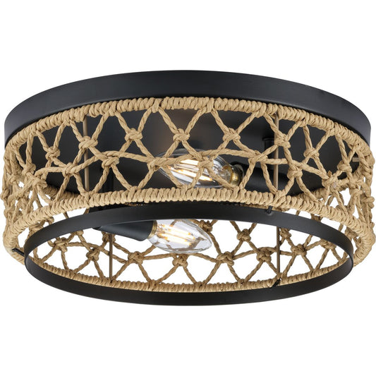 PROGRESS LIGHTING P350242-31M Matte Black Chandra Collection 12 in. Two-Light Matte Black Global Flush Mount with Woven Shade