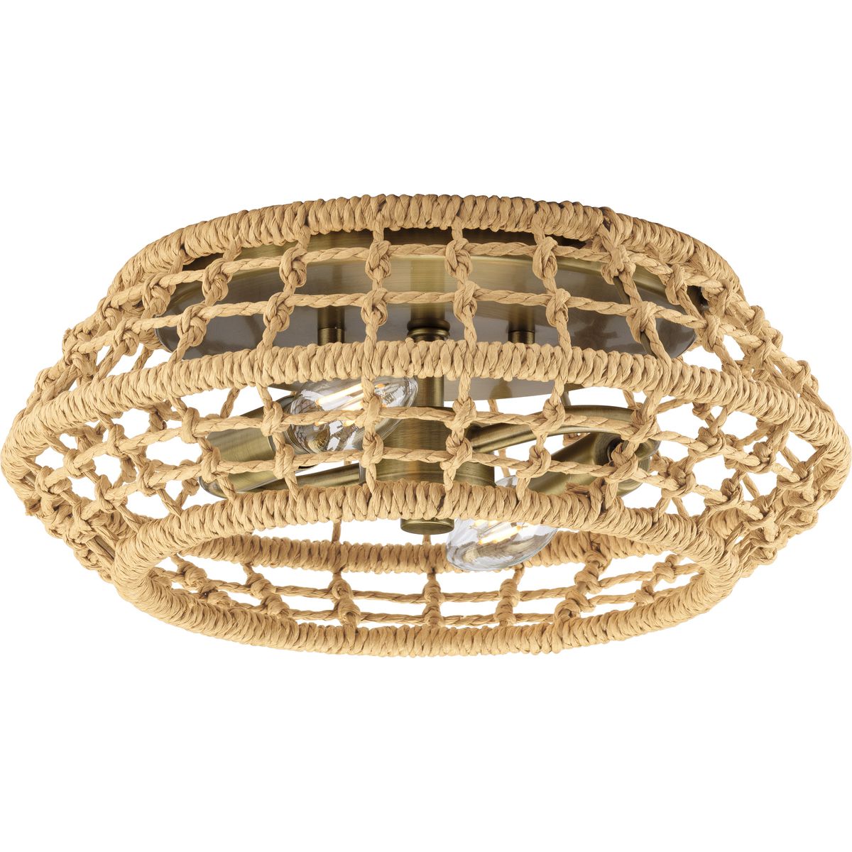 PROGRESS LIGHTING P350245-163 Vintage Brass Laila Collection 12-1/4 in. Two-Light Vintage Brass Coastal Flush Mount with Woven Jute Accents