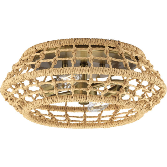 PROGRESS LIGHTING P350245-163 Vintage Brass Laila Collection 12-1/4 in. Two-Light Vintage Brass Coastal Flush Mount with Woven Jute Accents