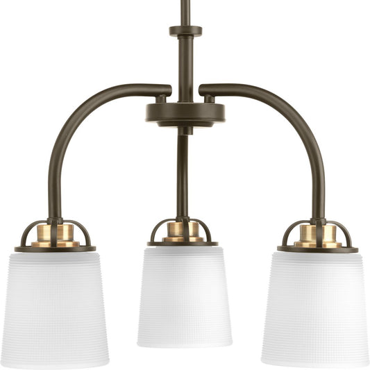 PROGRESS LIGHTING P400008-020 Antique Bronze West Village Collection Three-Light Antique Bronze Etched Double Prismatic Glass Farmhouse Chandelier Light