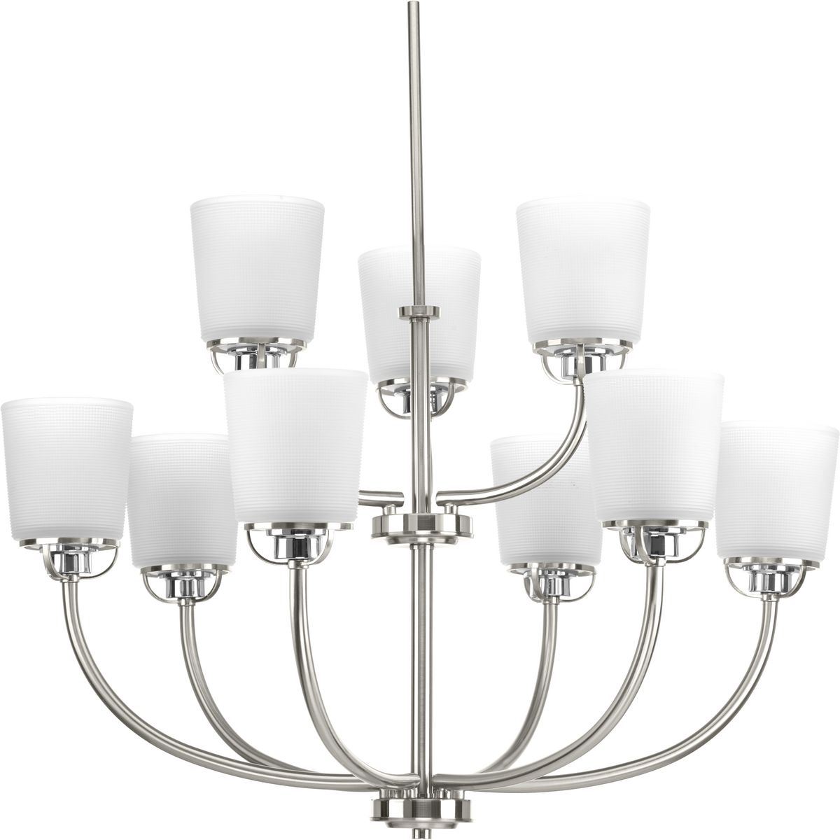 PROGRESS LIGHTING P400010-009 Brushed Nickel West Village Collection Nine-Light Brushed Nickel Etched Double Prismatic Glass Farmhouse Chandelier Light