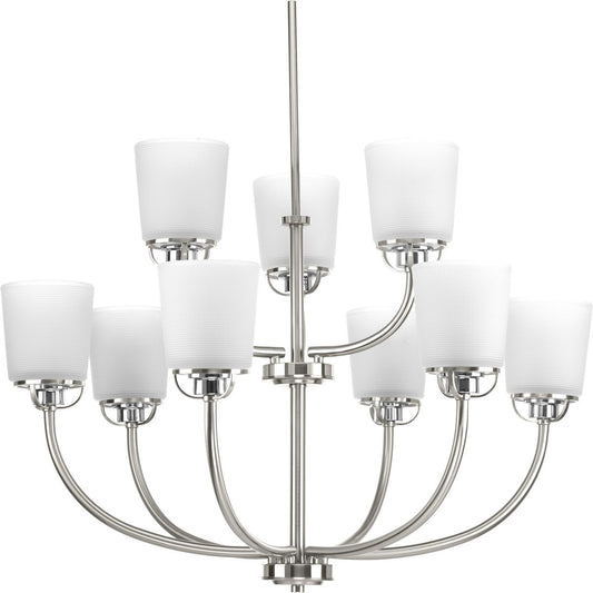 PROGRESS LIGHTING P400010-009 Brushed Nickel West Village Collection Nine-Light Brushed Nickel Etched Double Prismatic Glass Farmhouse Chandelier Light