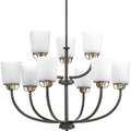 PROGRESS LIGHTING P400010-020 Antique Bronze West Village Collection Nine-Light Antique Bronze Etched Double Prismatic Glass Farmhouse Chandelier Light
