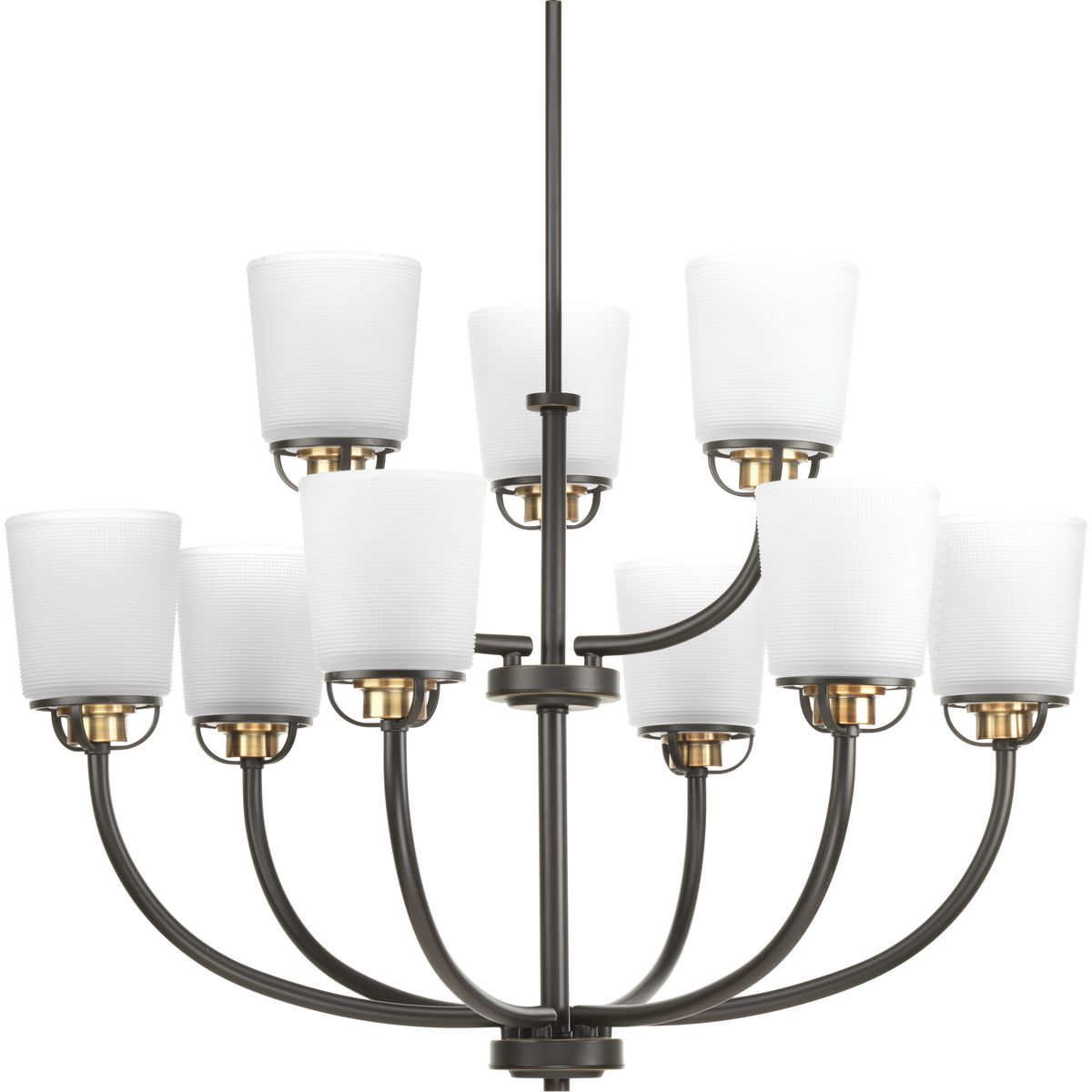 PROGRESS LIGHTING P400010-020 Antique Bronze West Village Collection Nine-Light Antique Bronze Etched Double Prismatic Glass Farmhouse Chandelier Light