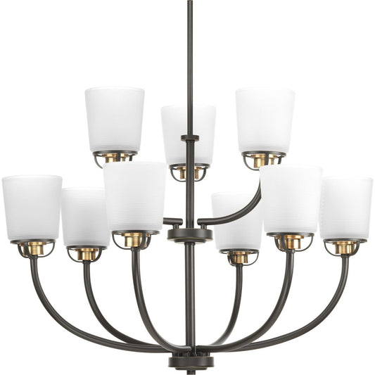 PROGRESS LIGHTING P400010-020 Antique Bronze West Village Collection Nine-Light Antique Bronze Etched Double Prismatic Glass Farmhouse Chandelier Light