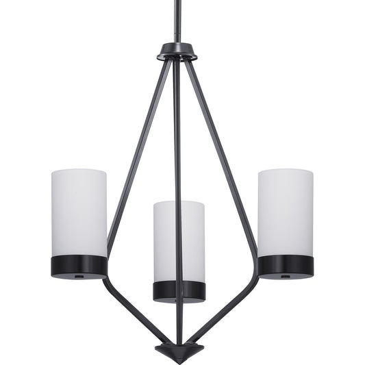 PROGRESS LIGHTING P400021-031 Matte Black Elevate Collection Three-Light Matte Black Etched White Glass Mid-Century Modern Chandelier Light