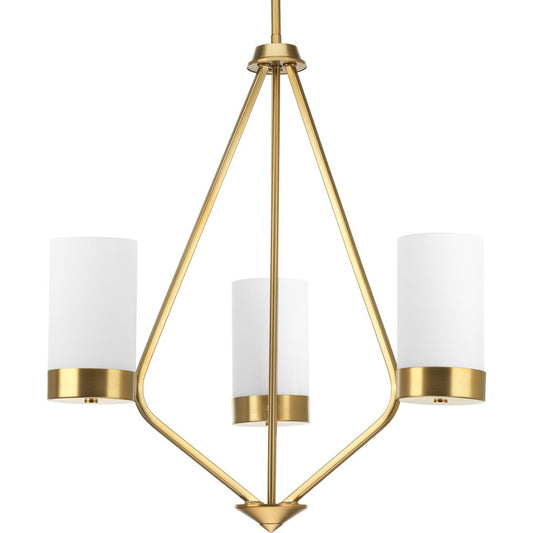 PROGRESS LIGHTING P400021-109 Brushed Bronze Elevate Collection Three-Light Brushed Bronze Etched White Glass Mid-Century Modern Chandelier Light