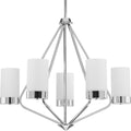 PROGRESS LIGHTING P400022-015 Polished Chrome Elevate Collection Five-Light Polished Chrome Etched White Glass Mid-Century Modern Chandelier Light