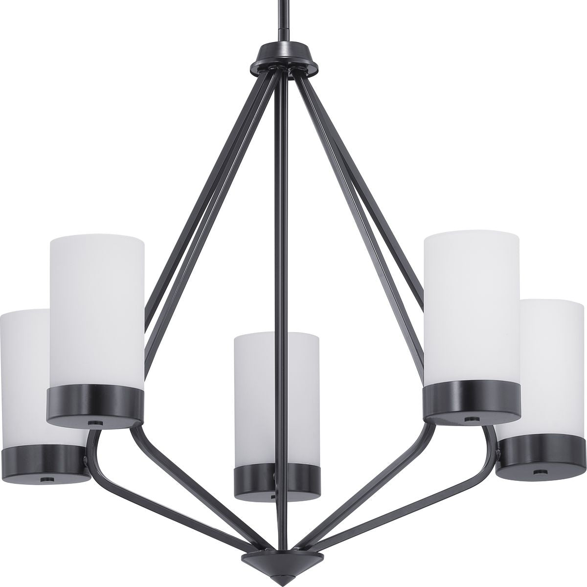 PROGRESS LIGHTING P400022-031 Matte Black Elevate Collection Five-Light Matte Black Etched White Glass Mid-Century Modern Chandelier Light