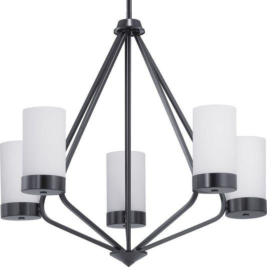 PROGRESS LIGHTING P400022-031 Matte Black Elevate Collection Five-Light Matte Black Etched White Glass Mid-Century Modern Chandelier Light
