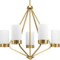 PROGRESS LIGHTING P400022-109 Brushed Bronze Elevate Collection Five-Light Brushed Bronze Etched White Glass Mid-Century Modern Chandelier Light