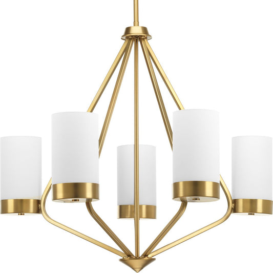 PROGRESS LIGHTING P400022-109 Brushed Bronze Elevate Collection Five-Light Brushed Bronze Etched White Glass Mid-Century Modern Chandelier Light