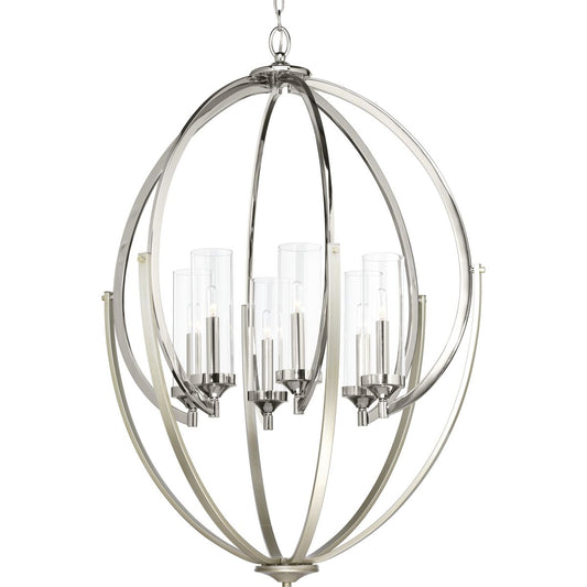 PROGRESS LIGHTING P400026-104 Polished Nickel Evoke Collection Six-Light Polished Nickel Clear Glass Luxe Chandelier Light
