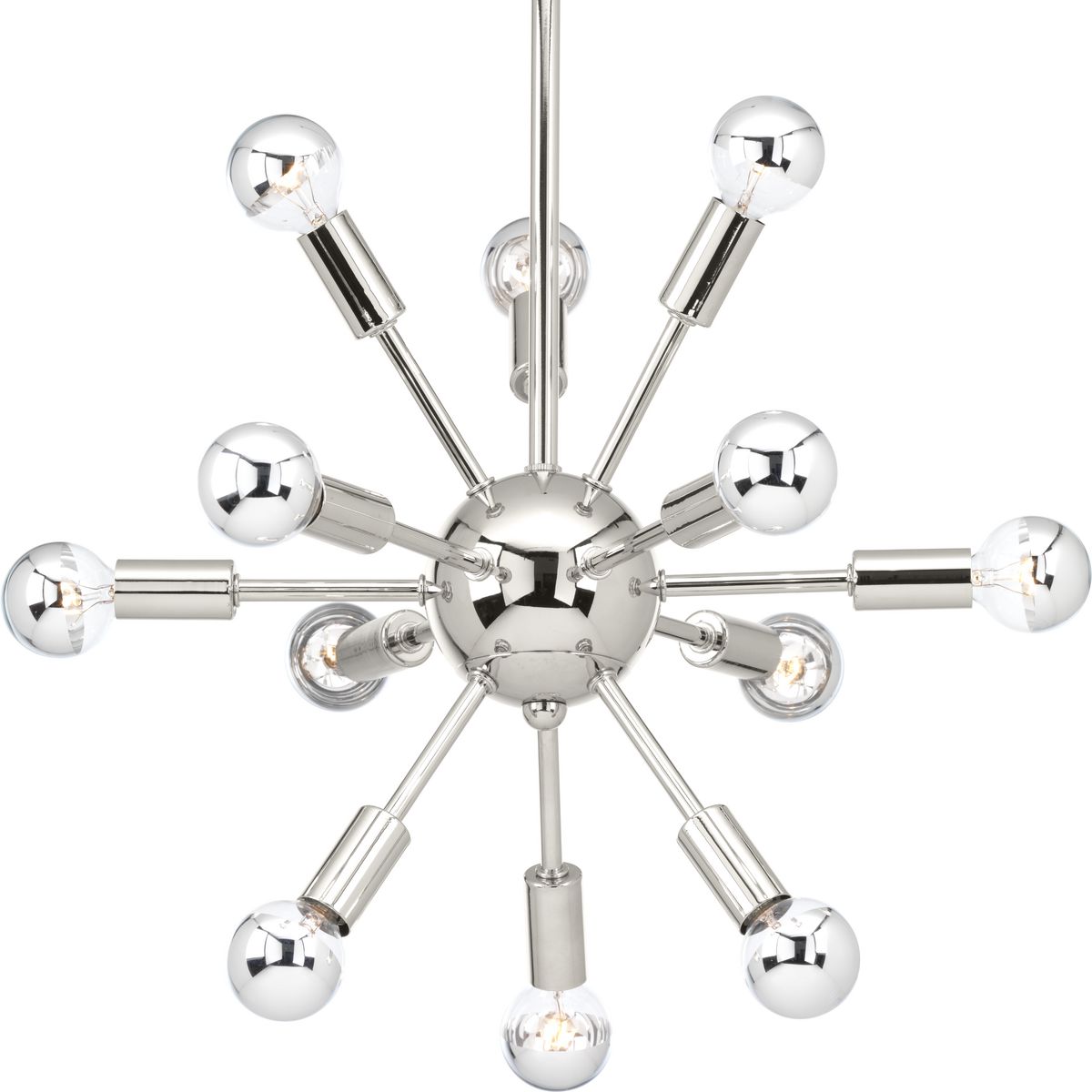 PROGRESS LIGHTING P400040-104 Polished Nickel Ion Collection Twelve-Light Polished Nickel Mid-Century Modern Chandelier Light