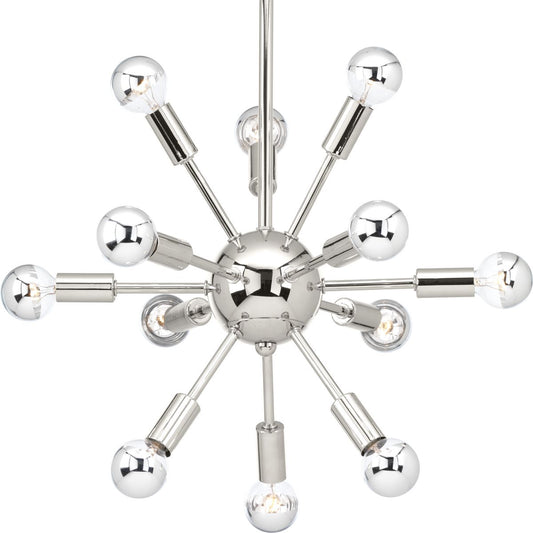 PROGRESS LIGHTING P400040-104 Polished Nickel Ion Collection Twelve-Light Polished Nickel Mid-Century Modern Chandelier Light