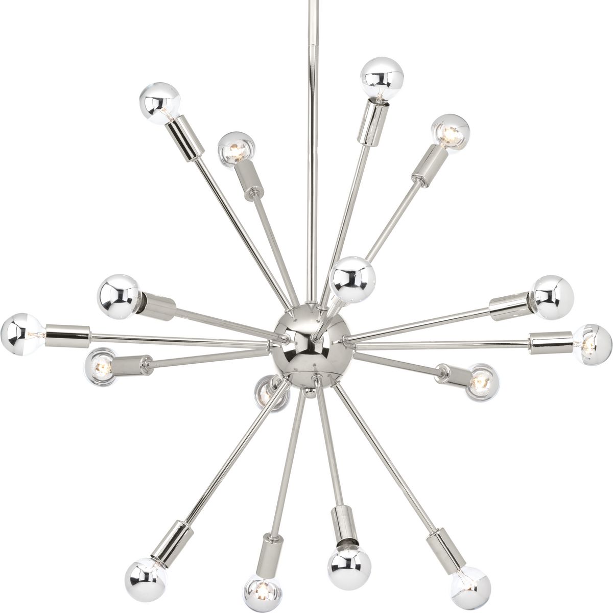PROGRESS LIGHTING P400041-104 Polished Nickel Ion Collection Sixteen-Light Polished Nickel Mid-Century Modern Chandelier Light
