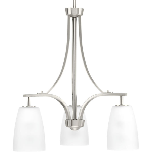 PROGRESS LIGHTING P400042-009 Brushed Nickel Leap Collection Three-Light Brushed Nickel Etched Glass Modern Chandelier Light