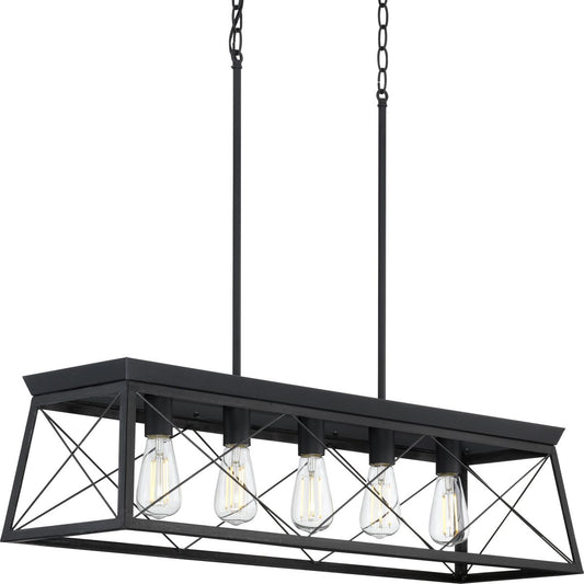 PROGRESS LIGHTING P400048-031 Textured Black Briarwood Collection Five-Light Textured and Cerused Black Farmhouse Style Linear Island Chandelier Light