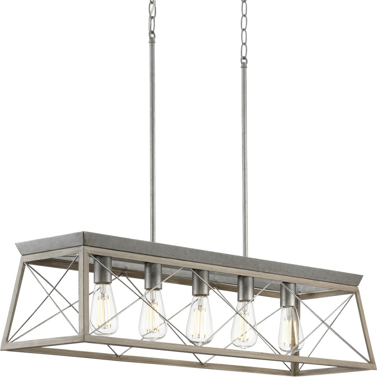 PROGRESS LIGHTING P400048-141 Galvanized Finish Briarwood Collection Five-Light Galvanized and Bleached Oak Farmhouse Style Linear Island Chandelier Light