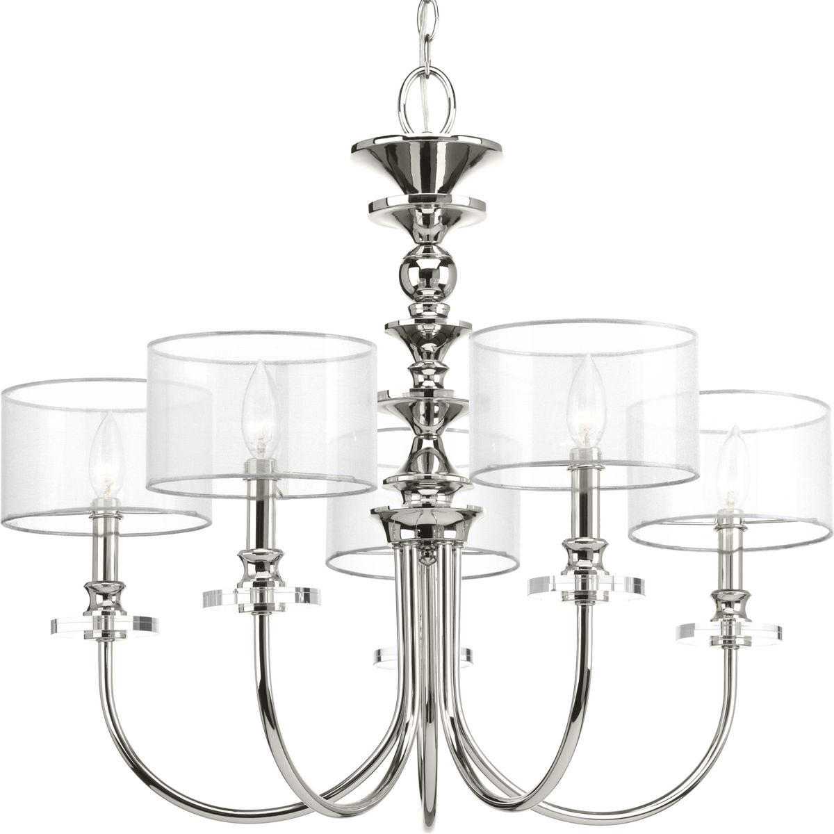 PROGRESS LIGHTING P400049-104 Polished Nickel Marche Collection Five-Light Polished Nickel Grey Mylar Shade Luxe Chandelier Light