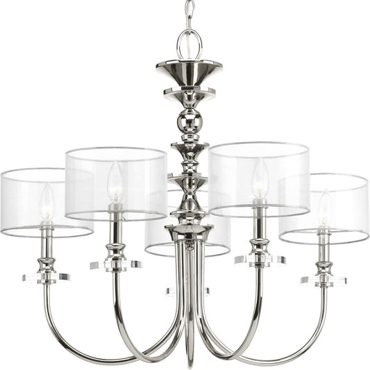 PROGRESS LIGHTING P400049-104 Polished Nickel Marche Collection Five-Light Polished Nickel Grey Mylar Shade Luxe Chandelier Light