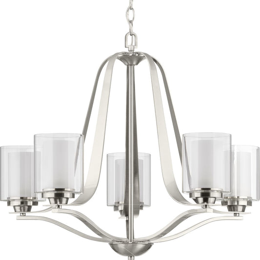 PROGRESS LIGHTING P400095-009 Brushed Nickel Kene Collection Five-Light Brushed Nickel Clear Glass Craftsman Chandelier Light