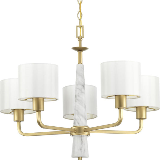PROGRESS LIGHTING P400098-078 Vintage Gold Palacio Collection Five-Light Vintage Gold White Silk Fabric Shade Luxe Chandelier Light