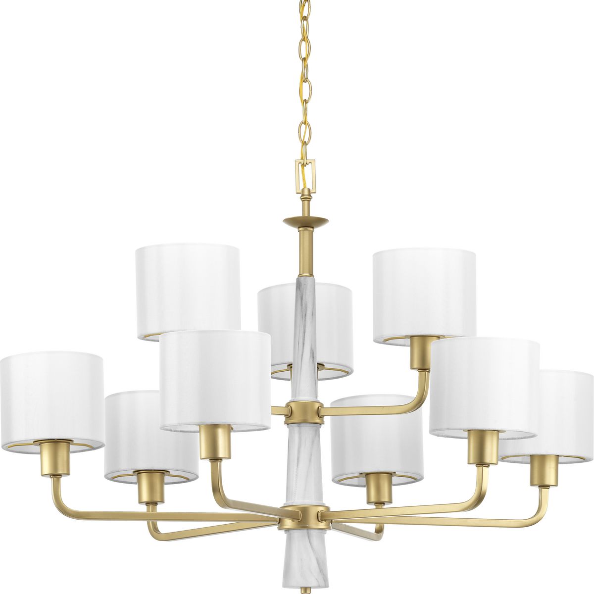 PROGRESS LIGHTING P400099-078 Vintage Gold Palacio Collection Nine-Light Vintage Gold White Silk Fabric Shade Luxe Chandelier Light