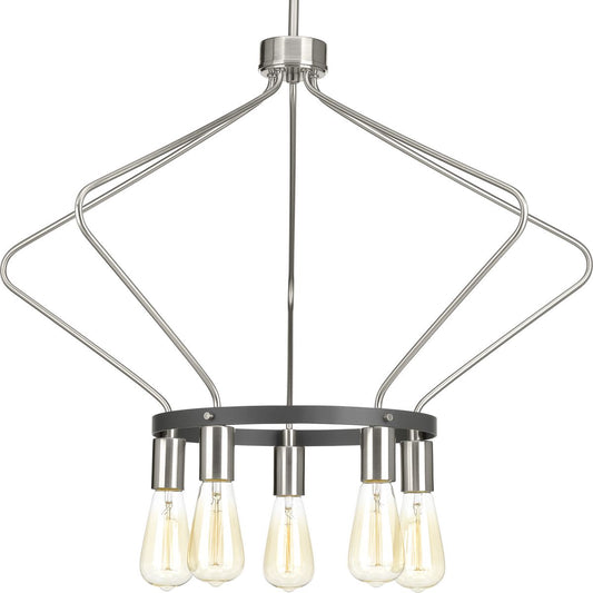 PROGRESS LIGHTING P400105-009 Brushed Nickel Hangar Collection Five-Light Brushed Nickel Farmhouse Chandelier Light