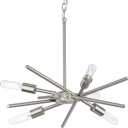 PROGRESS LIGHTING P400108-009 Brushed Nickel Astra Collection Six-Light Brushed Nickel Mid-Century Modern Chandelier Light