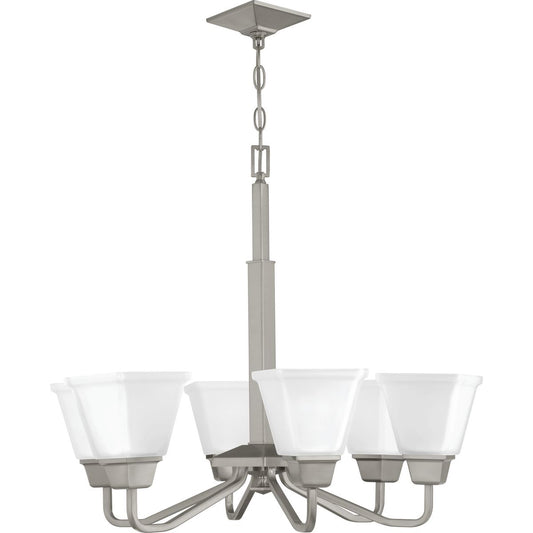 PROGRESS LIGHTING P400119-009 Brushed Nickel Clifton Heights Collection Six-Light Brushed Nickel Etched Glass Craftsman Chandelier Light