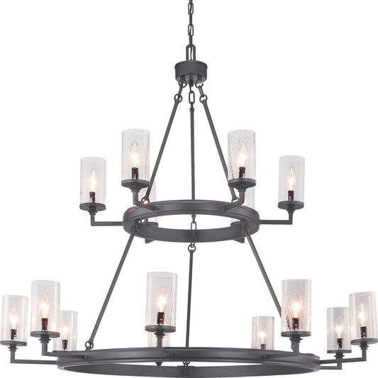 PROGRESS LIGHTING P400166-143 Graphite Gresham Collection Fifteen-Light Graphite Clear Seeded Glass Farmhouse Chandelier Light