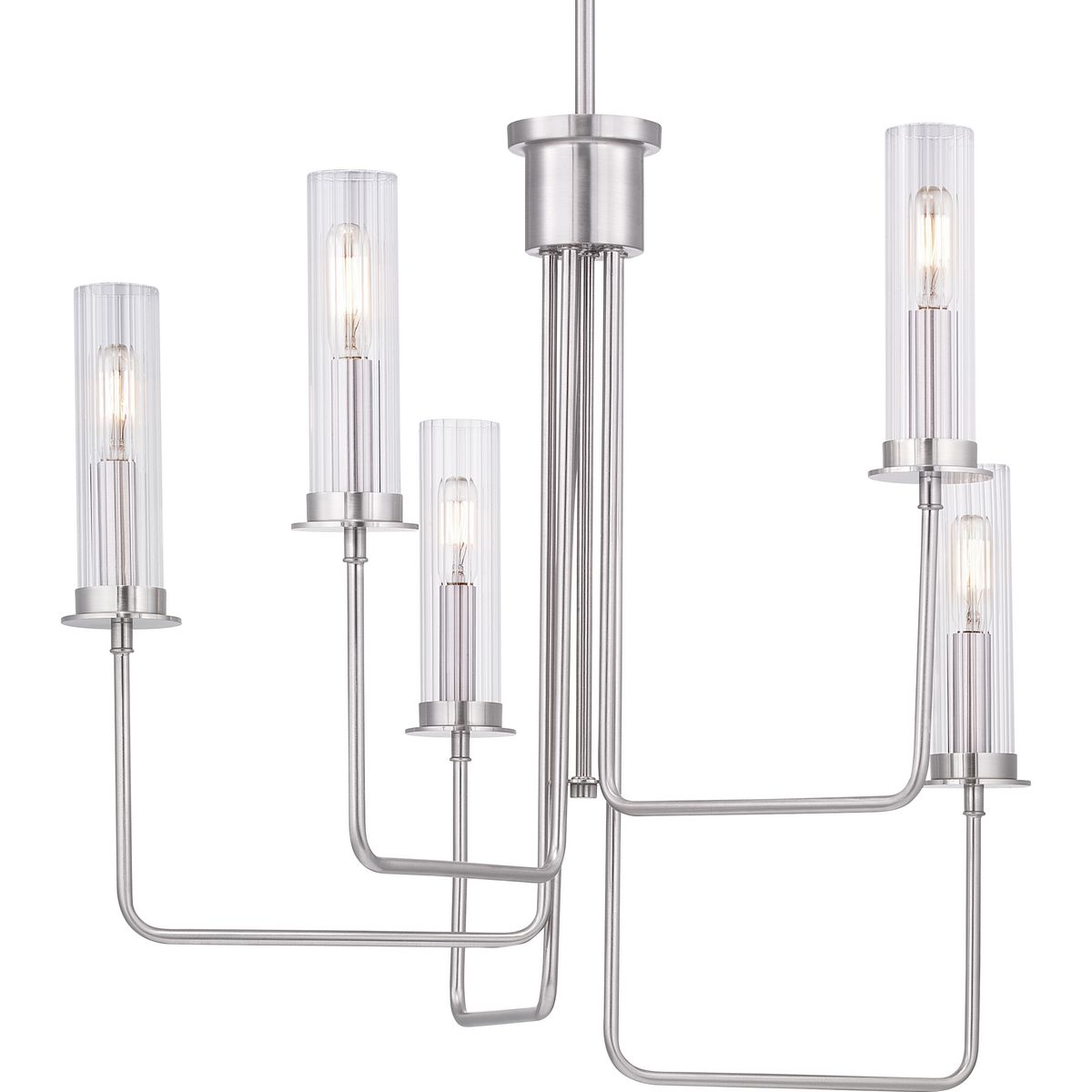 PROGRESS LIGHTING P400167-009 Brushed Nickel Rainey Collection Five-Light Brushed Nickel Clear Fluted Ribbed Glass Modern Chandelier Light