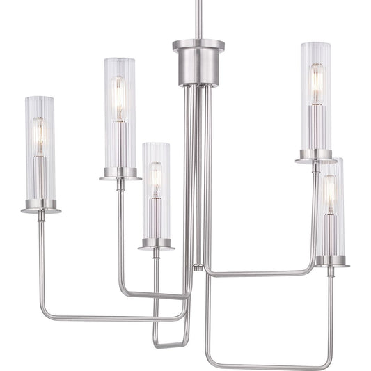 PROGRESS LIGHTING P400167-009 Brushed Nickel Rainey Collection Five-Light Brushed Nickel Clear Fluted Ribbed Glass Modern Chandelier Light