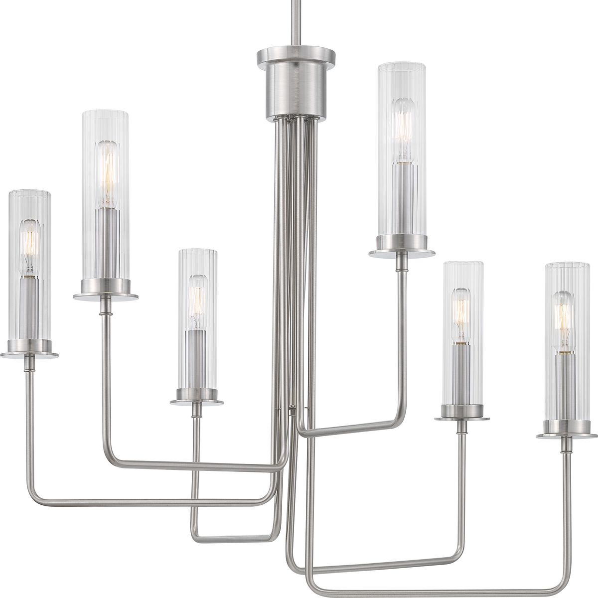 PROGRESS LIGHTING P400168-009 Brushed Nickel Rainey Collection Six-Light Brushed Nickel Clear Fluted Ribbed Glass Modern Chandelier Light