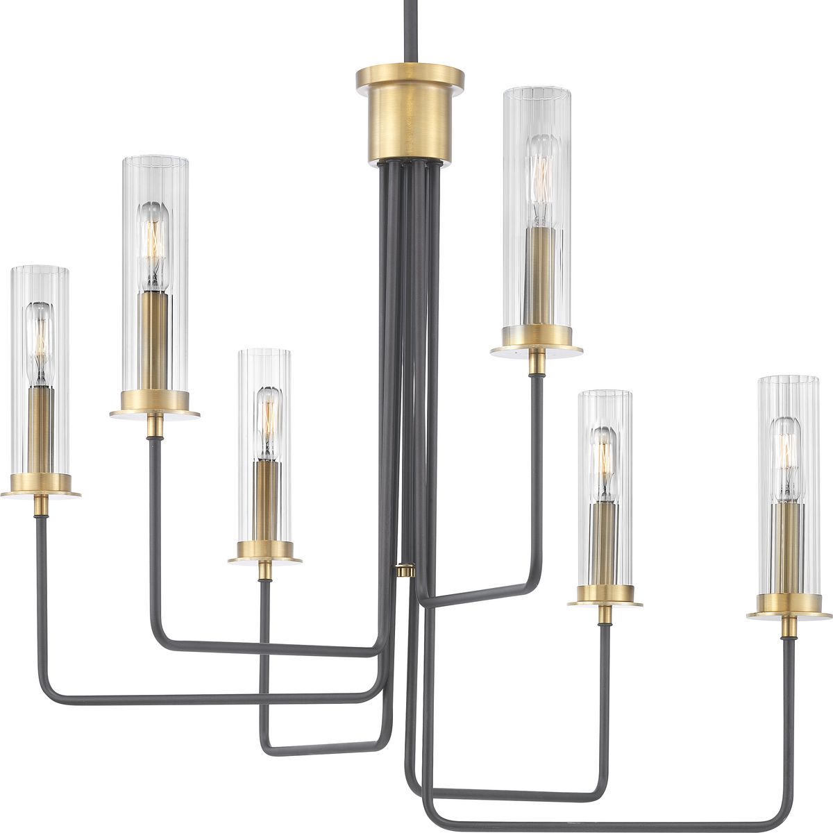 PROGRESS LIGHTING P400168-143 Graphite Rainey Collection Six-Light Graphite Clear Fluted Ribbed Glass Modern Chandelier Light