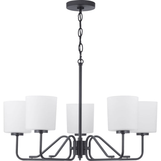PROGRESS LIGHTING P400182-031 Matte Black Tobin Collection Five-Light Matte Black Etched White Glass Modern Chandelier Light