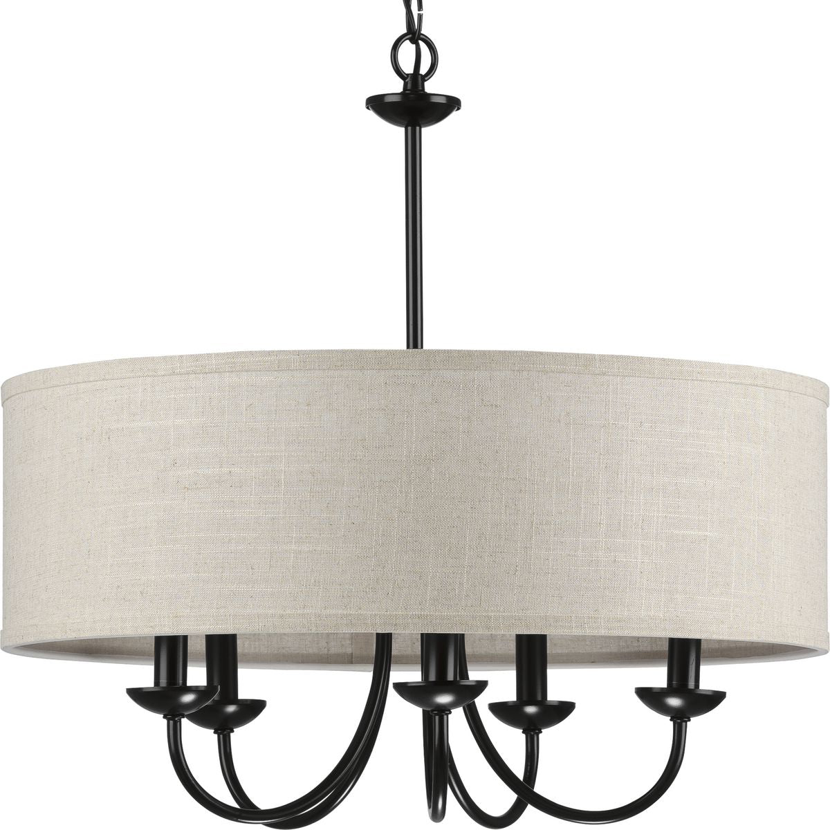 PROGRESS LIGHTING P400193-031 Matte Black Drum Shade Collection Five-Light Matte Black Harvest Linen Shade Farmhouse Chandelier Light