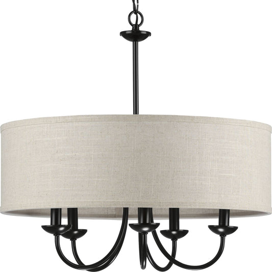 PROGRESS LIGHTING P400193-031 Matte Black Drum Shade Collection Five-Light Matte Black Harvest Linen Shade Farmhouse Chandelier Light