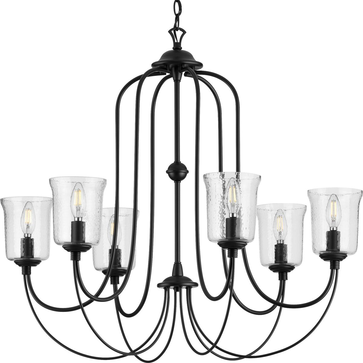 PROGRESS LIGHTING P400195-031 Matte Black Bowman Collection Six-Light Matte Black Clear Chiseled Glass Coastal Chandelier Light
