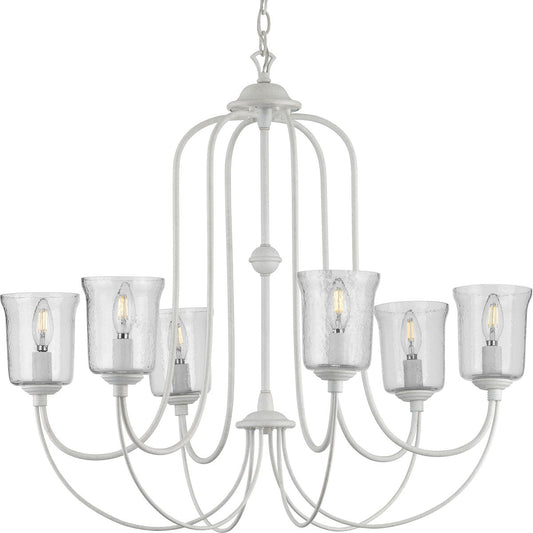 PROGRESS LIGHTING P400195-151 Cottage White Bowman Collection Six-Light Cottage White Clear Chiseled Glass Coastal Chandelier Light