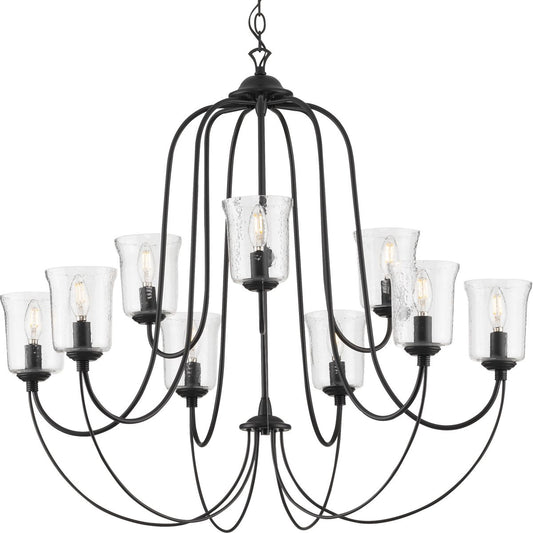 PROGRESS LIGHTING P400196-031 Matte Black Bowman Collection Nine-Light Matte Black Clear Chiseled Glass Coastal Chandelier Light