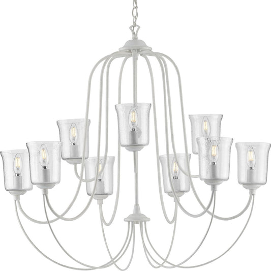 PROGRESS LIGHTING P400196-151 Cottage White Bowman Collection Nine-Light Cottage White Clear Chiseled Glass Coastal Chandelier Light