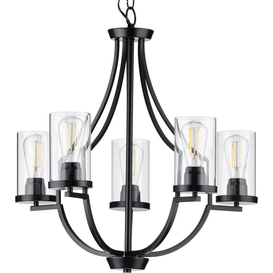 PROGRESS LIGHTING P400197-031 Matte Black Lassiter Collection Five-Light Matte Black Clear Glass Modern Chandelier Light