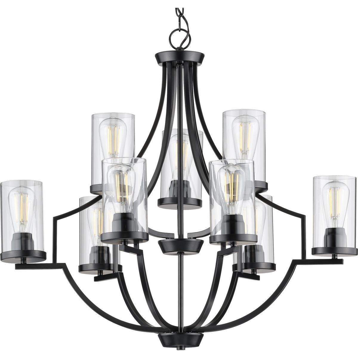 PROGRESS LIGHTING P400198-031 Matte Black Lassiter Collection Nine-Light Matte Black Clear Glass Modern Chandelier Light
